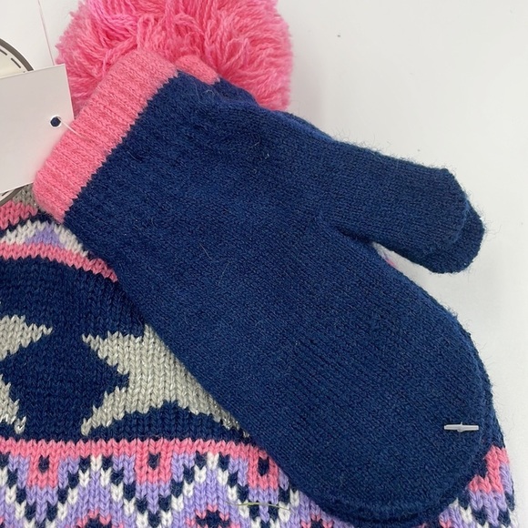 NWT Addie & Tate Hat Mitten Set Toddler Girl Blue Pink Stars Faux Fur Lining - Picture 2 of 7